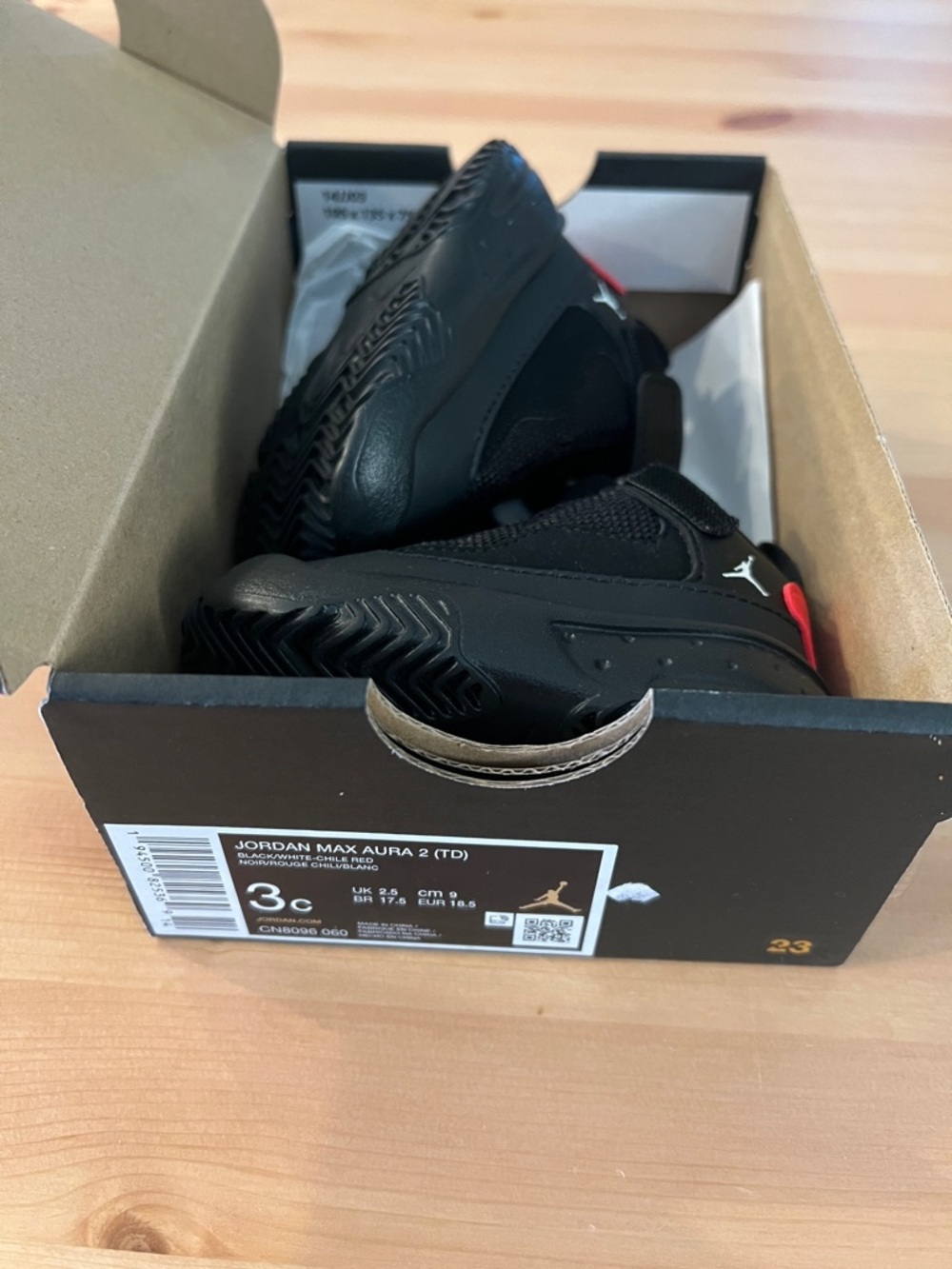 Jordan Max Aura 2 Toddler Sneakers in Black with Red Accents